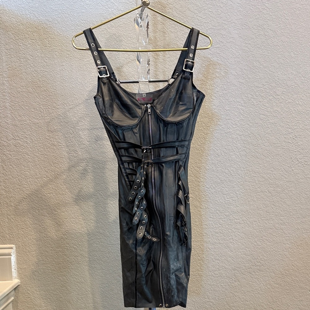 Westbound Black Latex Dress with Buckle Details